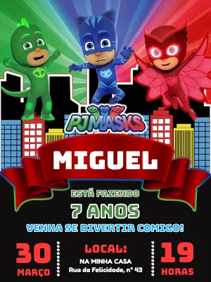 Convite de Aniversário PJ Masks com Heróis para Editar Online