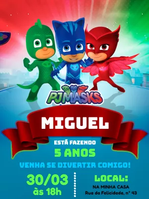 Convite de Aniversário PJ Masks para Editar Online