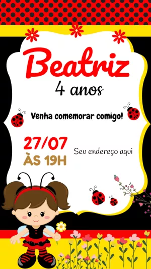 Convite de Aniversário Joaninha Fofa para Editar Online