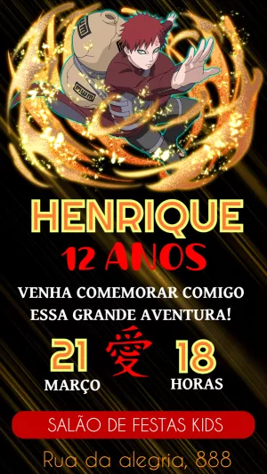 Convite de Aniversário Gaara Naruto para Editar Online