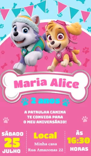 Convite Aniversário Patrulha Canina Menina para Editar Online