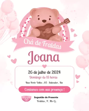 Convite Chá de Bebê Ursinha Musicista para Editar Online