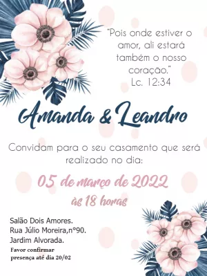 Convite de Casamento Floral Azul e Rosa para Editar Online