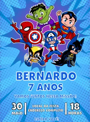 Convite de Aniversário Super Heróis para Editar Online