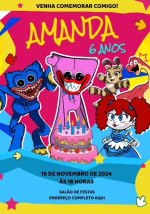 Convite Aniversário Poppy Play Time com Personagens para Editar