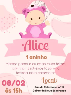Convite de Aniversário Ursinha Rosa para Editar Online