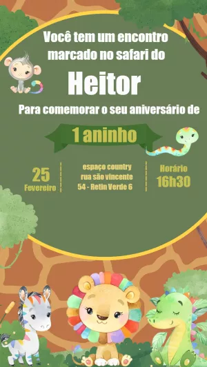 Convite de Aniversário Safari com Animais Fofos para Editar