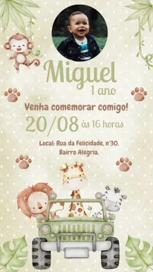 Convite Aniversário Safari Aquarela com Foto para Editar