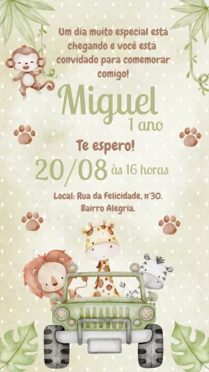 Convite de Aniversário Safari Aquarela para Editar Online
