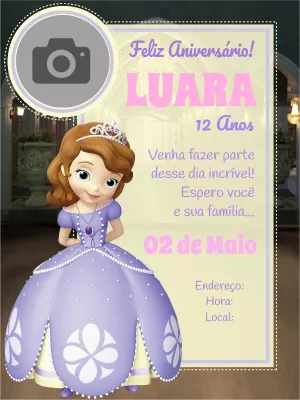Convite Aniversário Princesa Sofia com Foto para Editar Online