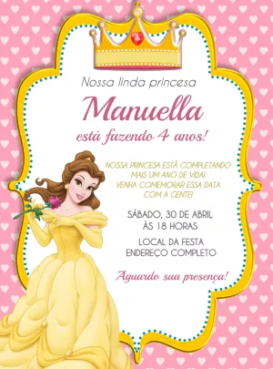 Convite de Aniversário Princesa Bela para Editar Online