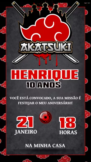 Convite Aniversário Akatsuki Naruto para Editar Online