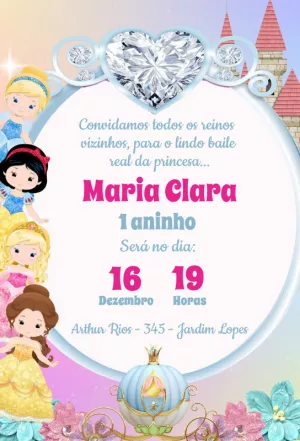 Convite de Aniversário Princesas para Editar Online