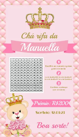 Convite Chá Rifa Ursinha Princesa para Editar e Enviar Online