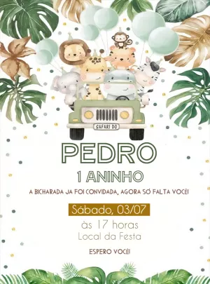Convite Aniversário Safari com Animais Fofos para Editar Online