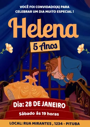 Convite Aniversário A Bela e a Fera com Personagens para Editar