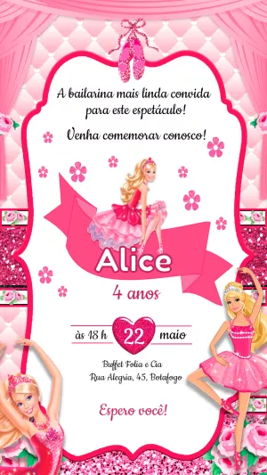 Convite Aniversário Barbie Bailarina para Editar Online