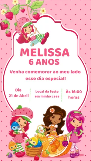 Convite de Aniversário Moranguinho no Balanço de Morango Editável