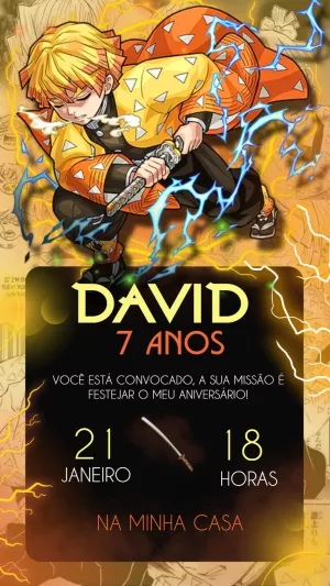 Convite Aniversário Zenitsu Demon Slayer para Editar
