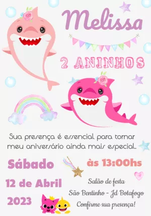 Convite Aniversário Baby Shark Rosa para Editar Online