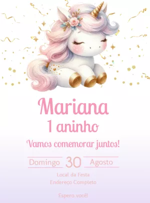 Convite de Aniversário Unicórnio Fofo para Editar Online