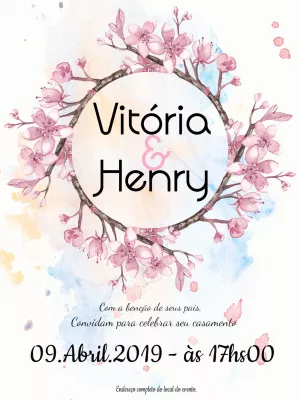 Convite de Casamento Floral Cerejeira Aquarela para Editar