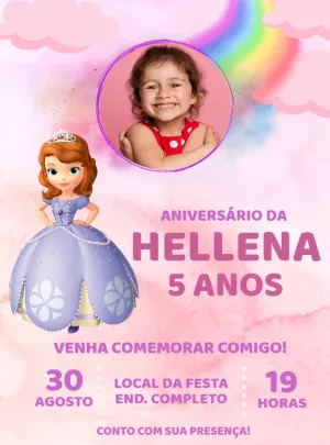 Convite Aniversário Princesinha Sofia com Foto para Editar Online