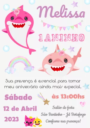 Convite Aniversário Baby Shark Rosa para Editar Online