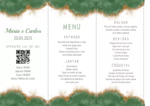 Menu de Casamento Verde e Dourado com Glitter para Editar