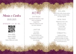Menu de Casamento Glitter Dourado e Roxo para Editar Online