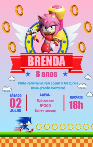 Convite de Aniversário Sonic e Amy Rose para Editar Online