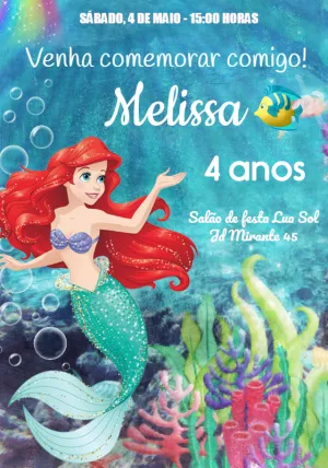 Convite Aniversário A Pequena Sereia Ariel para Editar Online