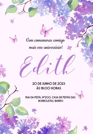 Convite Aniversário Borboleta Lilás Aquarela para Editar