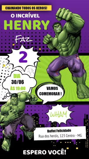 Convite de Aniversário Hulk Quadrinhos para Editar Online