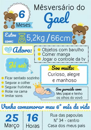 Convite Mêsversário Chalkboard Ursinho Príncipe para Editar
