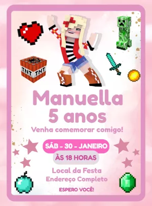 Convite Minecraft Rosa de Aniversário para Editar Online