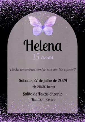 Convite 15 Anos Borboleta Lilás com Glitter para Editar