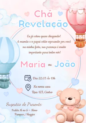 Convite Chá Revelação Ursinhos e Balões para Editar Online