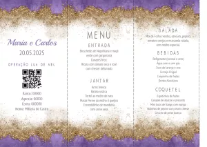 Menu de Casamento Roxo e Glitter para Editar Online