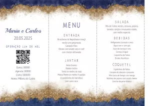 Menu de Casamento Azul e Dourado para Editar Online