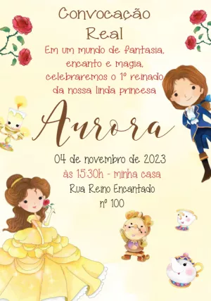 Convite de Aniversário A Bela e a Fera Aquarela para Editar