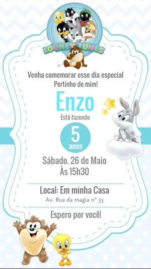 Convite de Aniversário Baby Looney Tunes para Editar Online