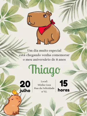 Convite de Aniversário Capivara Fofa para Editar Online