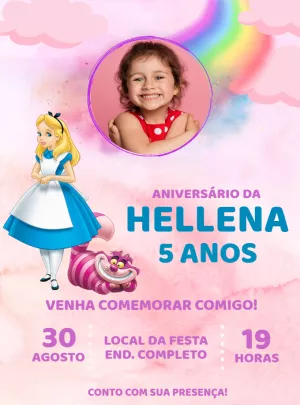 Convite Aniversário Alice no País das Maravilhas com Foto para Editar