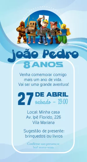 Convite de Aniversário Roblox com Personagens para Editar Online