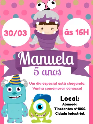 Convite Aniversário Monstros SA Menina para Editar Online