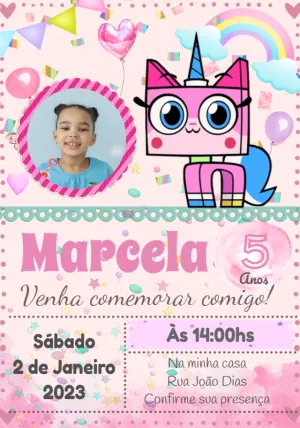 Convite Aniversário Unikitty com Foto para Editar Online