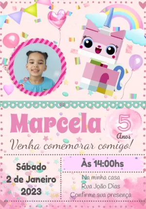Convite Aniversário Unikitty com Foto para Editar Online