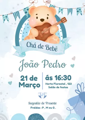 Convite Chá de Bebê Ursinho Menino para Editar Online