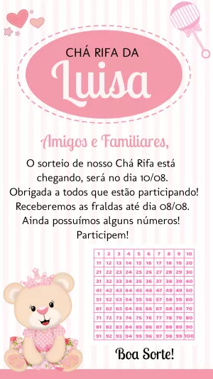 Convite Chá Rifa Ursinha Princesa para Editar Online